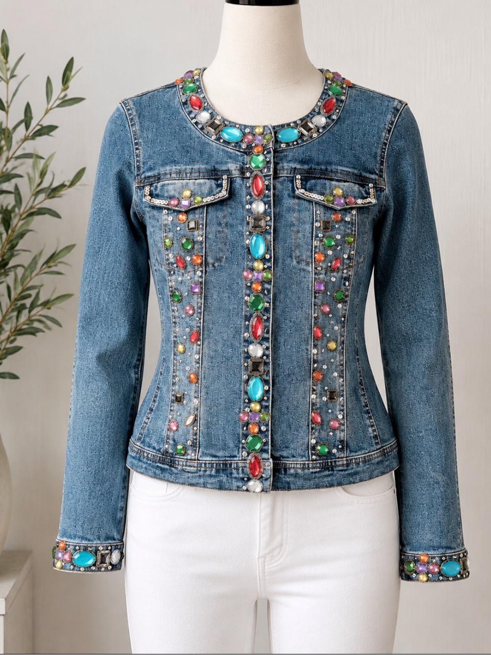 Berek by Takako Sakon Embellished Denim Jacket Cotton Spandex Size PL